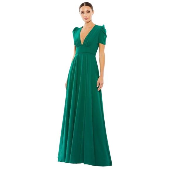 MAC DUGGAL Dress Size 12 Evening Gown NEW Emerald Green Chiffon Plunge Neck - Picture 1 of 10